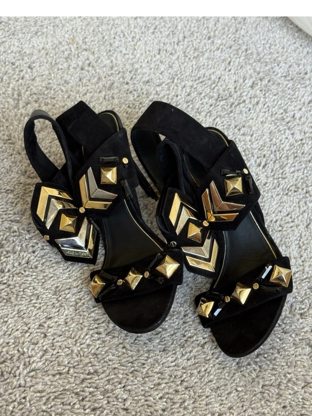 Authentic Rare Louis Vuitton Black Suede Heels with Gold Stud Details